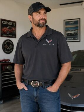 Corvette Men's Black Embroidered Logo Polo